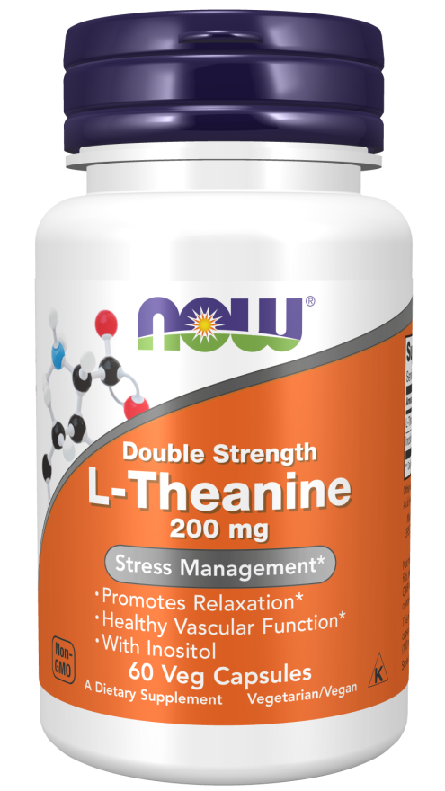NOW Foods L-Theanine, Double Strength 200 mg Veg Capsules, 60 Count