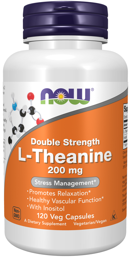 NOW Foods L-Theanine, Double Strength 200 mg Veg Capsules, 120 Count
