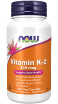 NOW Foods Vitamin K-2 100 mcg Veg Capsules, 100 Count