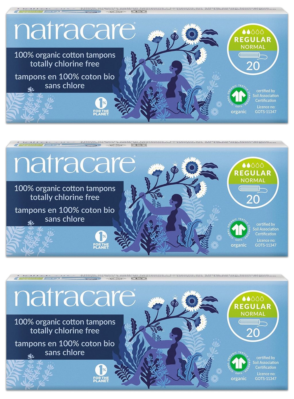 Regular Non-Applicator Organic Cotton Tampons (20 Count) - 3 Pack