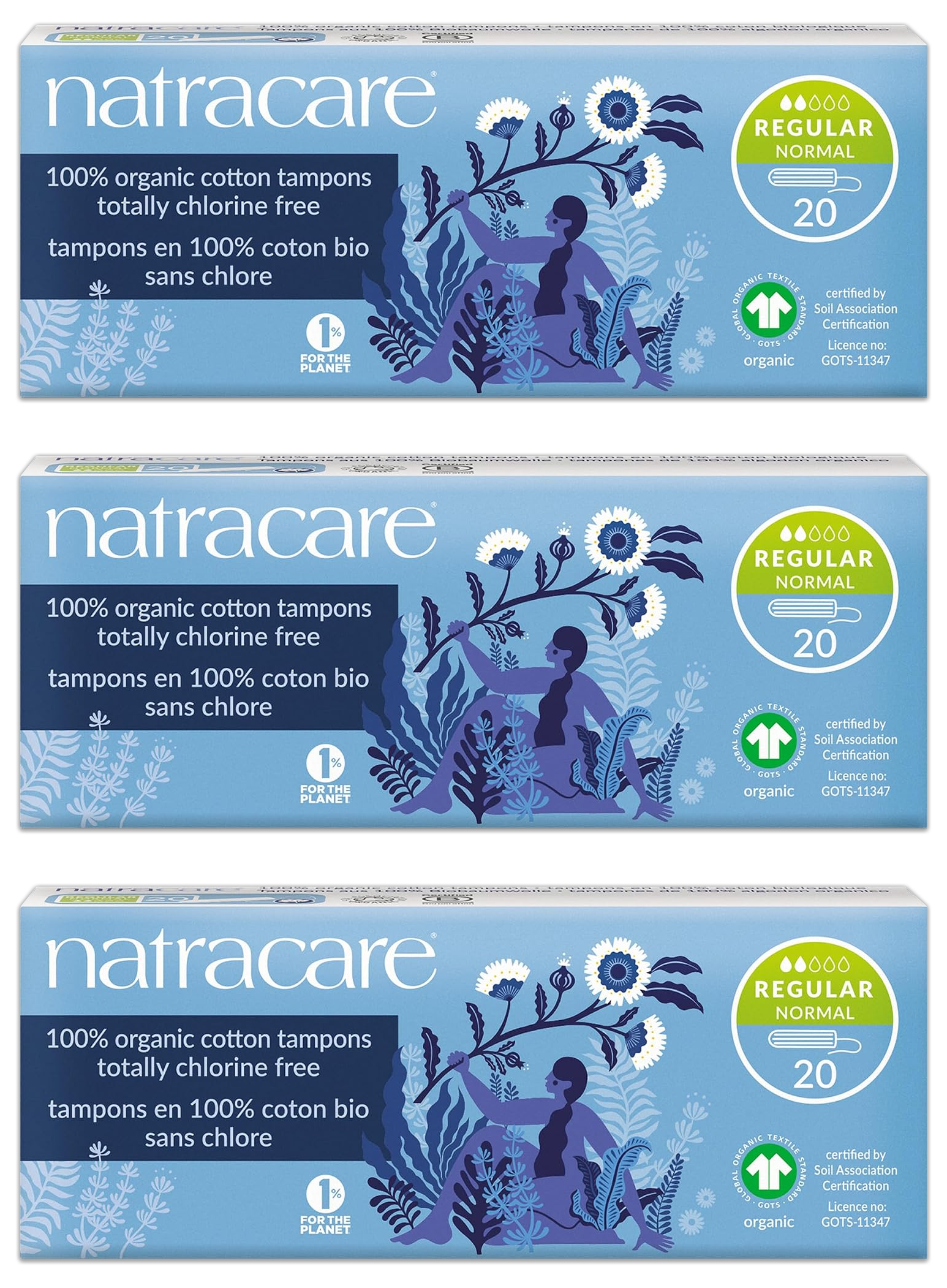 Regular Non-Applicator Organic Cotton Tampons (20 Count) - 3 Pack