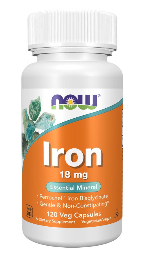 NOW Foods Iron 18 mg (Ferrochel) Veg Capsules, 120 Count