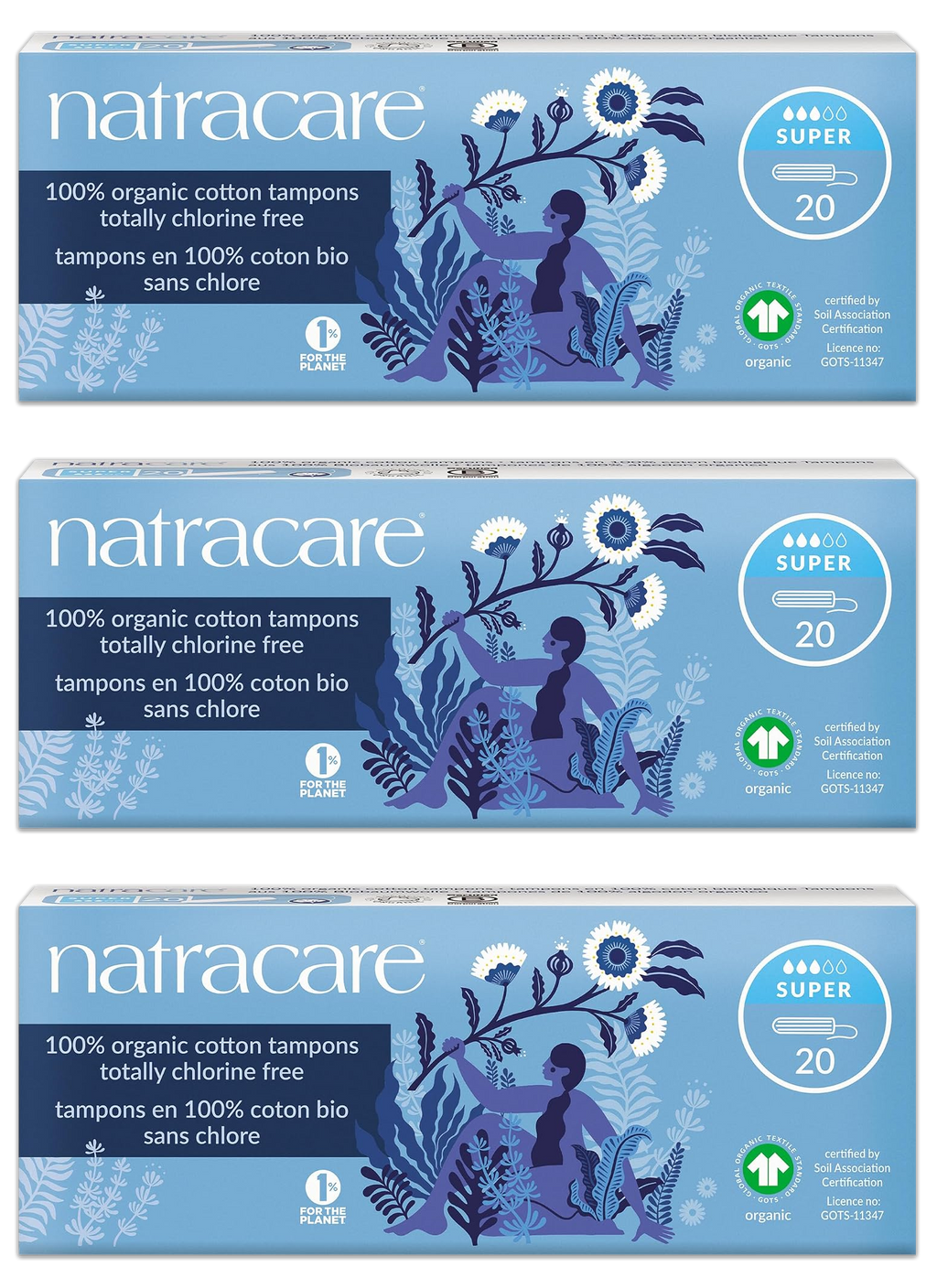 Super Non-Applicator Organic Cotton Tampons (20 Count) - 3 Pack