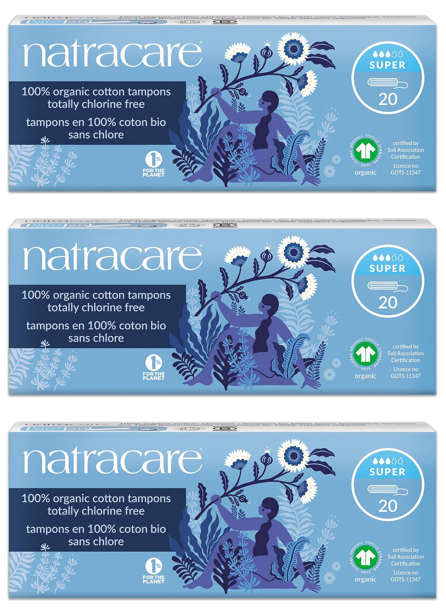 Super Non-Applicator Organic Cotton Tampons (20 Count) - 3 Pack
